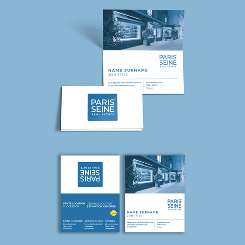 Folded design with the title 'Business cards for a luxury real estate agency in Paris'