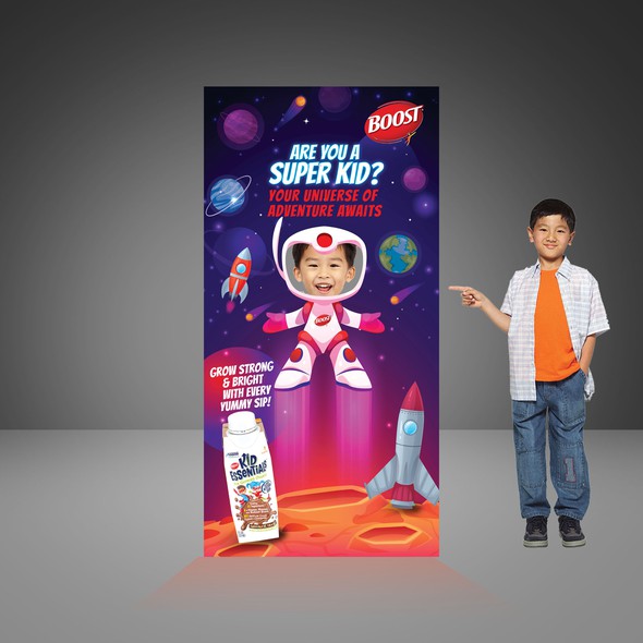 Interactive design with the title 'Interactive standee for Boost Kid essentials'