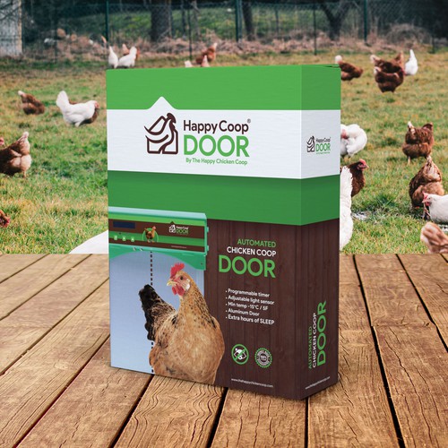 Chicken packaging with the title 'Happy Coop Door'