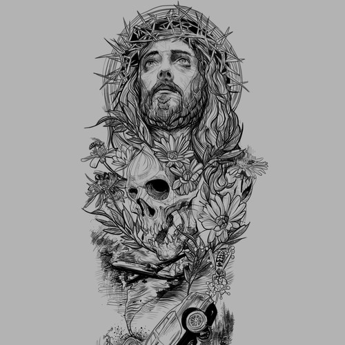 Tattoo artwork with the title 'Full sleeve tattoo illustration'