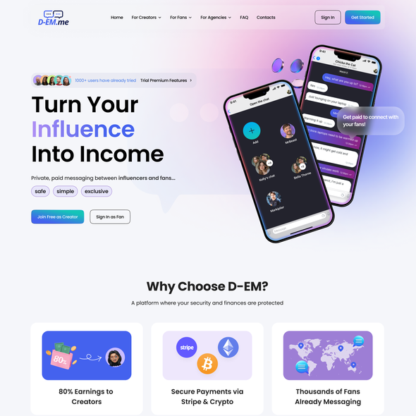 Website with the title 'Design a Clean, Messaging-First Website for Influencer & Fan Connections Think WhatsApp Meets OF'