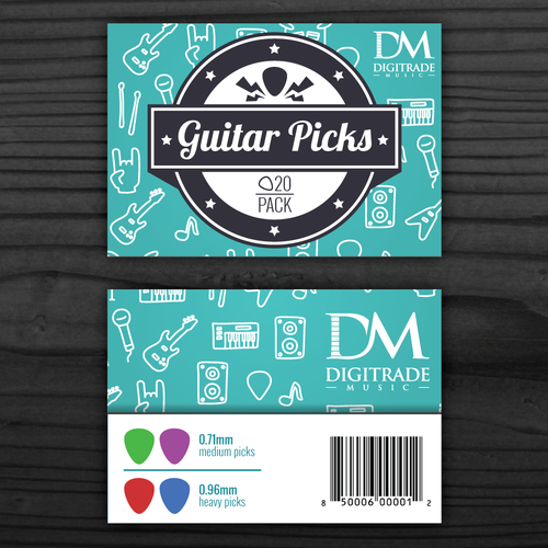 Music packaging with the title 'Card Head on poly bag for Guitar Picks of Digitrade Music.'