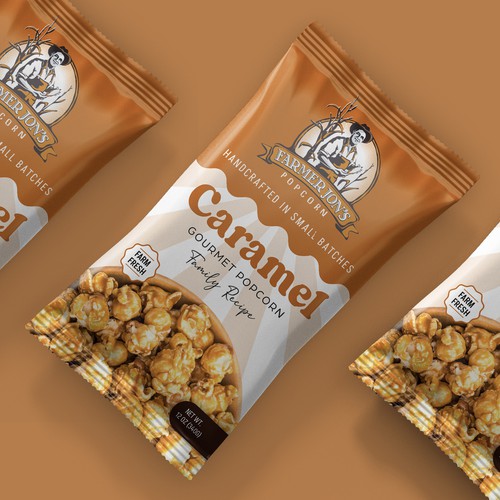 Snack bag packaging with the title 'Gourmet popcorn packaging design '