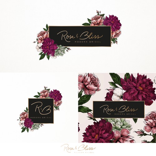 Gold and green logo with the title 'Rose & Bliss modern bridal '