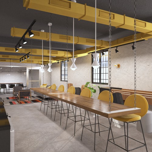 Co-working space design with the title 'Amenity space rendering'