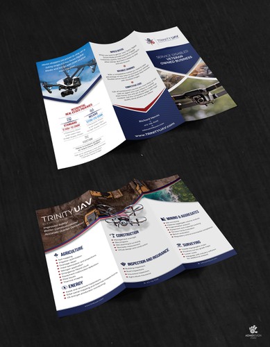 Drone design with the title 'Trinity UAV Tri Fold Brochure Design'