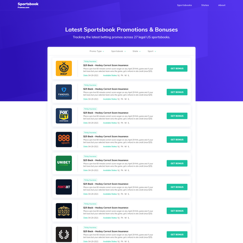 Game website with the title 'Online Sports Betting Promotions and Bonuses websites'