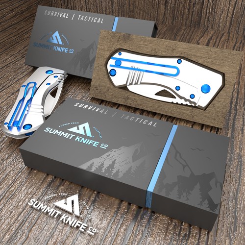Wood packaging with the title '3d Render for Summit Knife co'