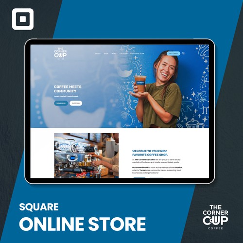 Coffee house design with the title 'The Corner Cup Coffee Square online site'
