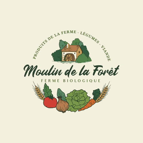 Ecological brand with the title 'Traditionnal Round logo for a Farm - Moulin de la Forêt'