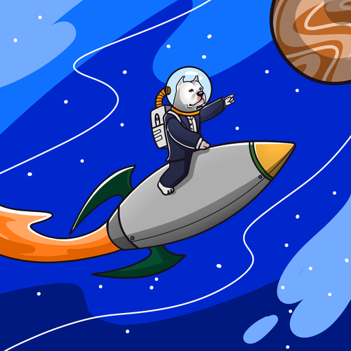 Space artwork with the title 'a puppy piloting a rocket'