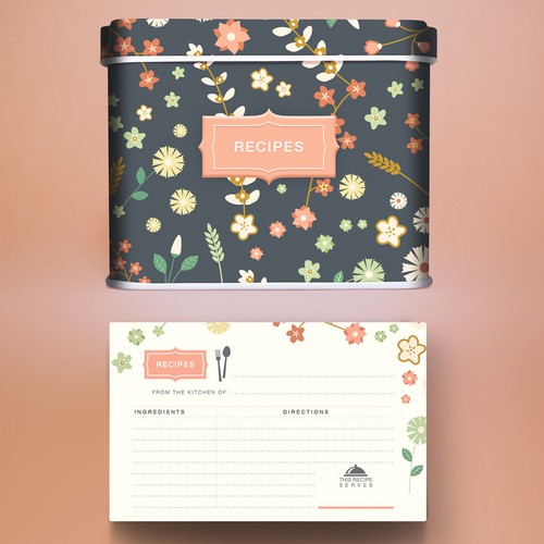Home packaging with the title 'vintage design for metal recipe box and recipe cards and dividers'