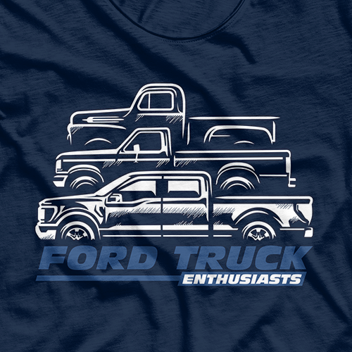 Vehicle graphic design with the title 'Ford F-150 Truck Evolution T-shirt Design'
