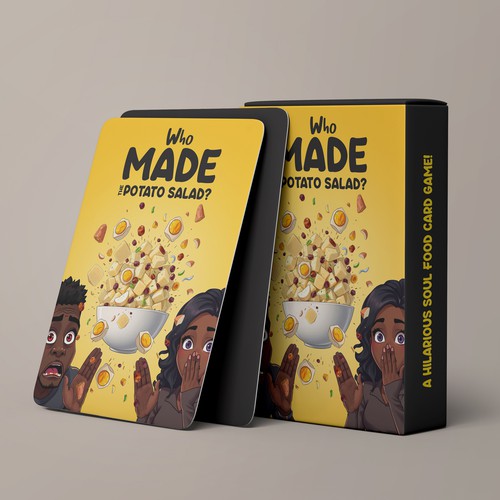 Creative packaging with the title 'Fun & Soulful Box Cover for Our Card Game: ‘Who Made the Potato Salad?’'