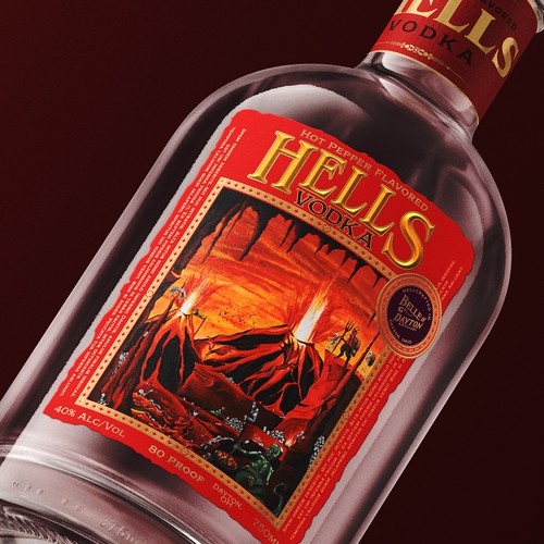 Gold label with the title 'Hot Pepper Flavored Hells Vodka '