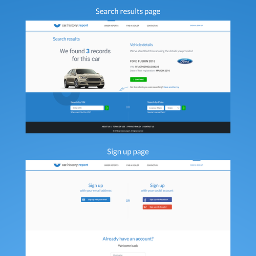 Page design with the title 'Webdesign for car history report website'