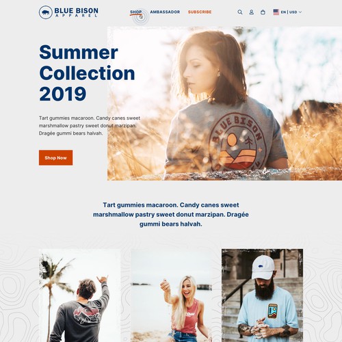 Online store website with the title 'Website Concept for Blue Bison Apparel'