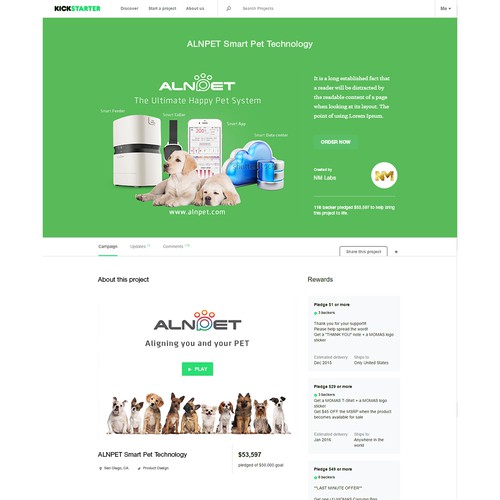 Health website with the title 'Kickstarter Page for ALNPET Smart Pet Technology'