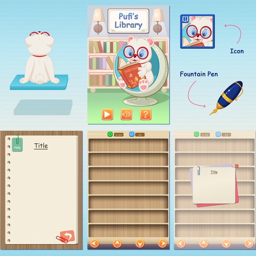 Library design with the title 'Create a design for Pufi, the bear that loves to read books'