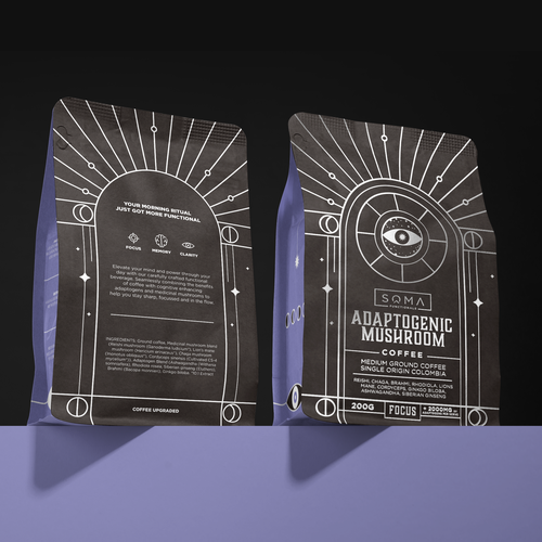 Cafe packaging with the title 'Adaptogenic mushroom coffee'