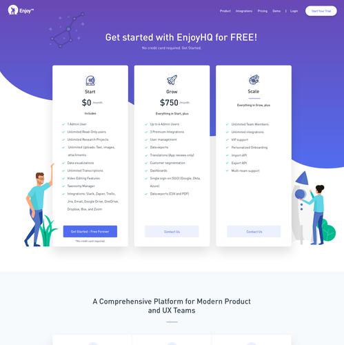 Software website with the title 'EnjoyHQ - Pricing Page'