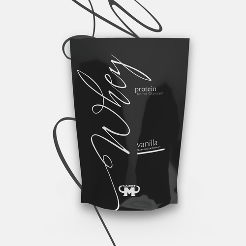 Black and white packaging with the title 'Mammut whey protein bag packaging '