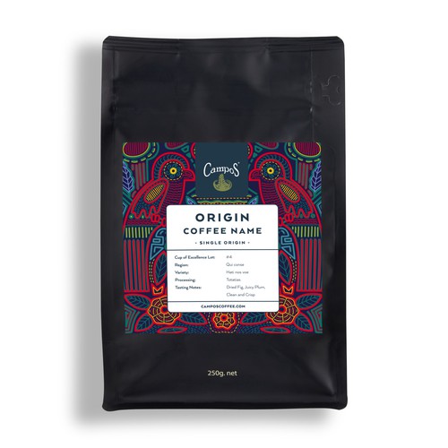 Bird artwork with the title 'Pattern for Panamanian coffee of Campos Coffee'