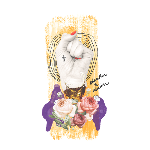 Collage design with the title 'Liberation & Libation '