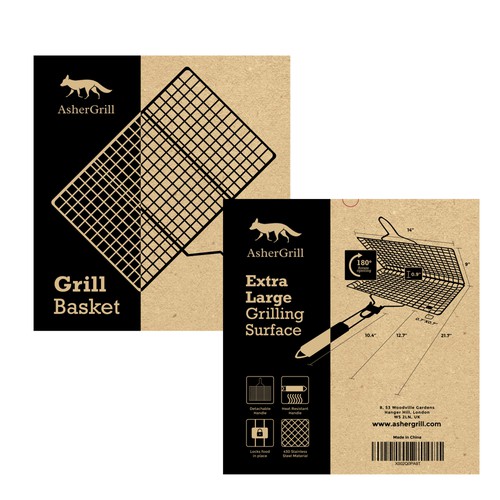 Kraft paper packaging with the title 'One color box design for Grill basket'