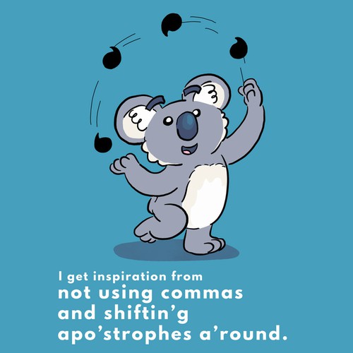Animal character artwork with the title 'Koala juggling commas and apostrophes'