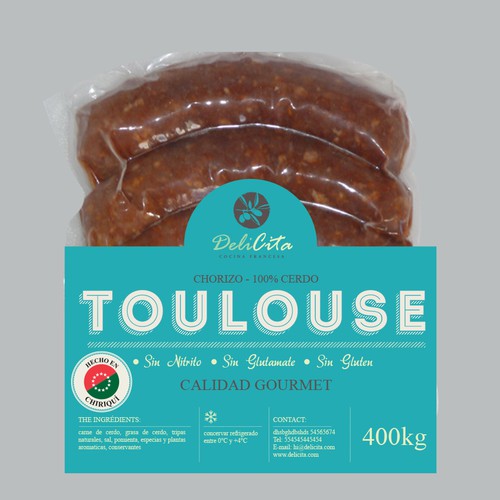 Gourmet design with the title 'Eye-catching front label for our gourmet sausages'