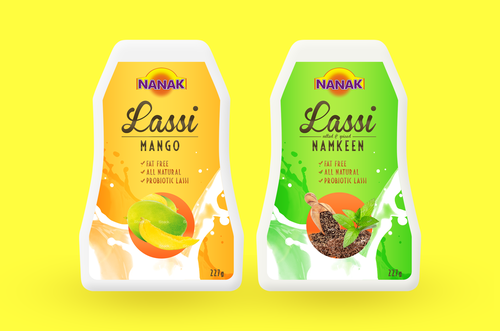 Vibrant packaging with the title 'Lassi (drinkable yogurt) label'