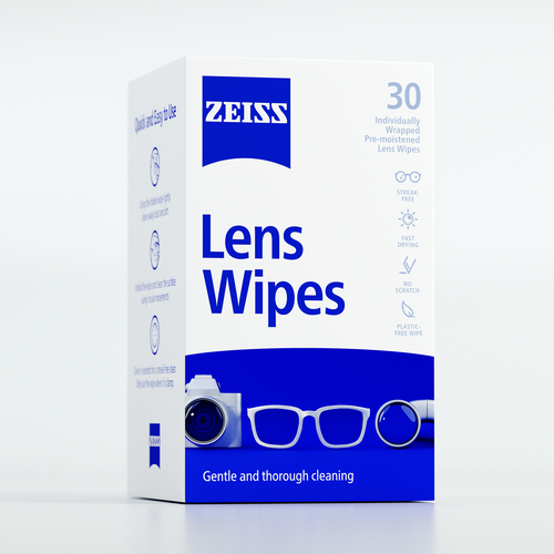Blue packaging with the title 'Lens Wipes for Zeiss'
