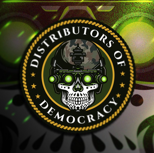 Sugar skull logo with the title 'Distributors of Democracy'