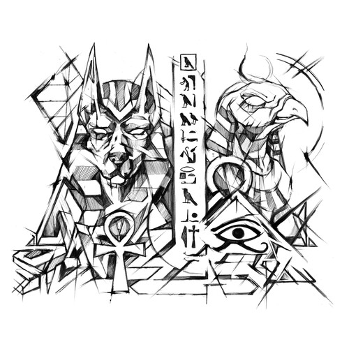 Expressive design with the title 'Anubis & Ra Tattoo'