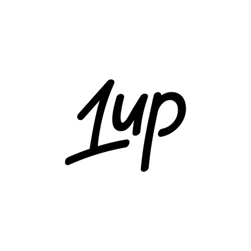Handwritten logo with the title 'Hand drawn logo design made for 1 UP'