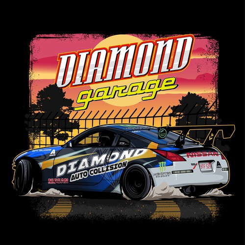 Sunset design with the title 'Diamond Garage Tshirt Illustration'
