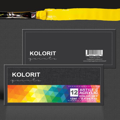 Art packaging with the title 'Bold, modern and colorful design for acrylic paintings set box'