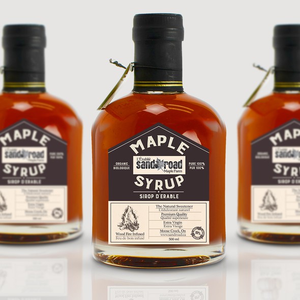 Wood label with the title 'Maple syrup label design '