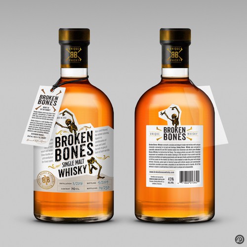 Whiskey label with the title 'Broken Bones whisky label'