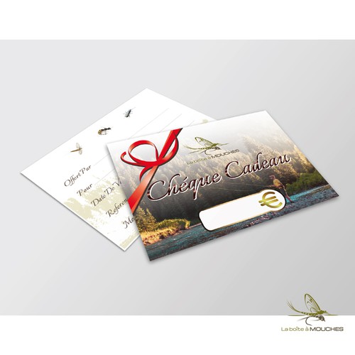 Fly fishing design with the title 'Gift certificate for La Boite a Mouches'