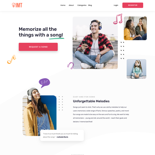 Music website with the title 'Design a fun, vibrant, music-infused e-learning website for I Memorized That!'