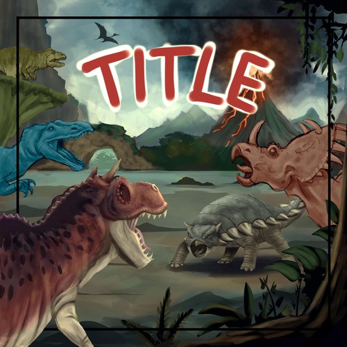 Dinosaur artwork with the title 'Epic Dinosaur Board Game Box Cover Illustration'