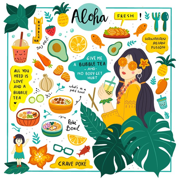 Bubble tea design with the title 'Wall Art for Poké : Hawaiian-Asian Fusion restaurant'