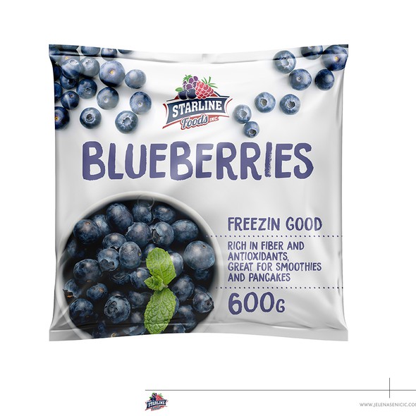 Food packaging with the title 'Frozen blueberries'