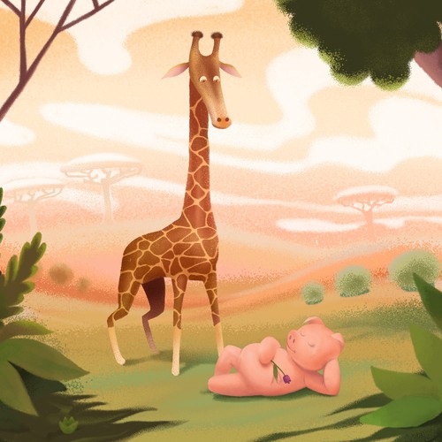 Bright illustration with the title 'Giraffe and Piglet'