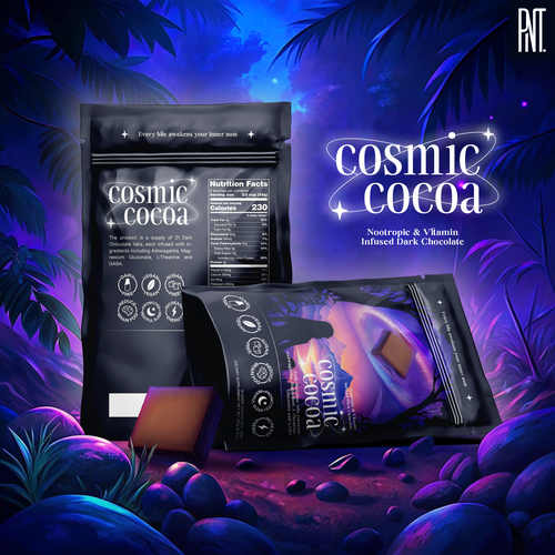 Cocoa design with the title 'Cosmic Cocoa Packaging'