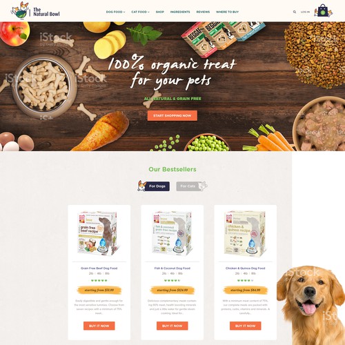 Organic website with the title 'Homepage design for organic pet food brand'