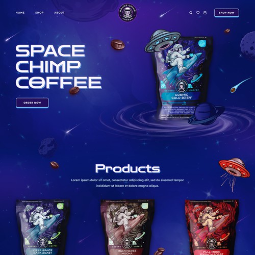 Space website with the title 'Shopify Space Chimp Coffee Website'