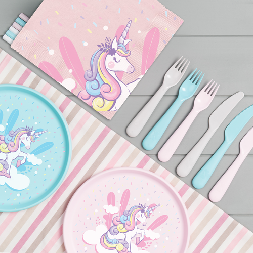 Sweet artwork with the title 'Design Unicorn Birthday Party Table Set'